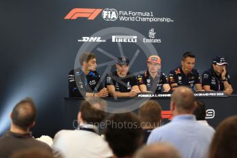 World © Octane Photographic Ltd. Formula 1 – Belgium GP. FIA Drivers Press Conference. Mercedes AMG Petronas Motorsport - Valtteri Bottas, SportPesa Racing Point - Sergio Perez, Aston Martin Red Bull Racing – Alexander Albon, Aston Martin Red Bull Racing – Max Verstappen and ROKiT Williams Racing – George Russell. Circuit de Spa Francorchamps, Belgium. Thursday 28th August 2019.