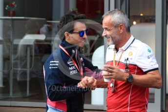 World © Octane Photographic Ltd. Formula 1 – Belgium GP - Paddock. SportPesa Racing Point RP19 - Sergio Perez and Beat Zehnder – Team Manager Alfa Romeo Racing. Circuit de Spa Francorchamps, Belgium. Thursday 28th August 2019.