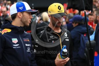 World © Octane Photographic Ltd. Formula 1 – British GP - Drivers Parade. Renault Sport F1 Team RS19 – Daniel Ricciardo and Aston Martin Red Bull Racing RB15 – Pierre Gasly. . Silverstone Circuit, Towcester, Northamptonshire. Sunday 14th July 2019.