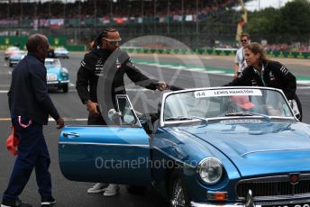 World © Octane Photographic Ltd. Formula 1 – British GP - Drivers Parade. Mercedes AMG Petronas Motorsport AMG F1 W10 EQ Power+ - Lewis Hamilton, Antony Hamilton and Nic Hamilton. Silverstone Circuit, Towcester, Northamptonshire. Sunday 14th July 2019.