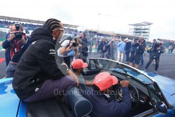 World © Octane Photographic Ltd. Formula 1 – British GP - Drivers Parade. Mercedes AMG Petronas Motorsport AMG F1 W10 EQ Power+ - Lewis Hamilton, Antony Hamilton and Nic Hamilton. Silverstone Circuit, Towcester, Northamptonshire. Sunday 14th July 2019.