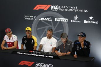 World © Octane Photographic Ltd. Formula 1 – British GP. FIA Drivers Press Conference. Alfa Romeo Racing C38 – Antonio Giovinazzi, Mercedes AMG Petronas Motorsport - Lewis Hamilton, McLaren – Lando Norris, Renault Sport F1 Team – Daniel Ricciardo and ROKiT Williams Racing – George Russell. Silverstone Circuit, Towcester, Northamptonshire. Thursday 11th July 2019.