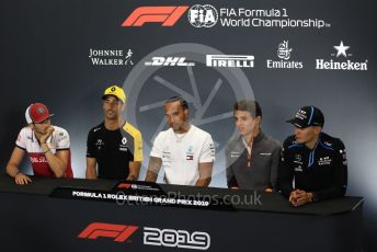 World © Octane Photographic Ltd. Formula 1 – British GP. FIA Drivers Press Conference. Alfa Romeo Racing C38 – Antonio Giovinazzi, Mercedes AMG Petronas Motorsport - Lewis Hamilton, McLaren – Lando Norris, Renault Sport F1 Team – Daniel Ricciardo and ROKiT Williams Racing – George Russell. Silverstone Circuit, Towcester, Northamptonshire. Thursday 11th July 2019.