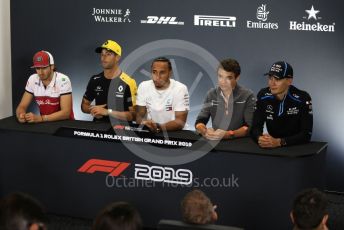 World © Octane Photographic Ltd. Formula 1 – British GP. FIA Drivers Press Conference. Alfa Romeo Racing C38 – Antonio Giovinazzi, Mercedes AMG Petronas Motorsport - Lewis Hamilton, McLaren – Lando Norris, Renault Sport F1 Team – Daniel Ricciardo and ROKiT Williams Racing – George Russell. Silverstone Circuit, Towcester, Northamptonshire. Thursday 11th July 2019.