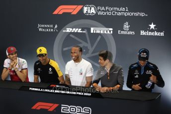 World © Octane Photographic Ltd. Formula 1 – British GP. FIA Drivers Press Conference. Alfa Romeo Racing C38 – Antonio Giovinazzi, Mercedes AMG Petronas Motorsport - Lewis Hamilton, McLaren – Lando Norris, Renault Sport F1 Team – Daniel Ricciardo and ROKiT Williams Racing – George Russell. Silverstone Circuit, Towcester, Northamptonshire. Thursday 11th July 2019.