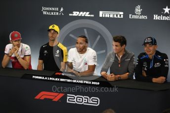 World © Octane Photographic Ltd. Formula 1 – British GP. FIA Drivers Press Conference. Alfa Romeo Racing C38 – Antonio Giovinazzi, Mercedes AMG Petronas Motorsport - Lewis Hamilton, McLaren – Lando Norris, Renault Sport F1 Team – Daniel Ricciardo and ROKiT Williams Racing – George Russell. Silverstone Circuit, Towcester, Northamptonshire. Thursday 11th July 2019.