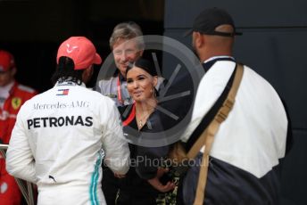 World © Octane Photographic Ltd. Formula 1 – British GP - Qualifying. Mercedes AMG Petronas Motorsport AMG F1 W10 EQ Power+ - Lewis Hamilton and Pirelli Representative, pop star Mabel McVey. Silverstone Circuit, Towcester, Northamptonshire. Saturday 13th July 2019.