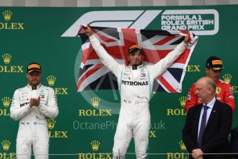 World © Octane Photographic Ltd. Formula 1 – British GP - Race - Podium. Mercedes AMG Petronas Motorsport AMG F1 W10 EQ Power+ - Lewis Hamilton, Valtteri Bottas and Scuderia Ferrari SF90 – Charles Leclerc. Silverstone Circuit, Towcester, Northamptonshire. Sunday 14th July 2019.