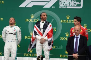 World © Octane Photographic Ltd. Formula 1 – British GP - Race - Podium. Mercedes AMG Petronas Motorsport AMG F1 W10 EQ Power+ - Lewis Hamilton, Valtteri Bottas and Scuderia Ferrari SF90 – Charles Leclerc. Silverstone Circuit, Towcester, Northamptonshire. Sunday 14th July 2019.