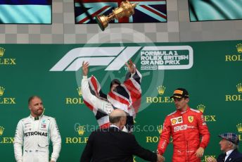 World © Octane Photographic Ltd. Formula 1 – British GP - Race - Podium. Mercedes AMG Petronas Motorsport AMG F1 W10 EQ Power+ - Lewis Hamilton, Valtteri Bottas and Scuderia Ferrari SF90 – Charles Leclerc. Silverstone Circuit, Towcester, Northamptonshire. Sunday 14th July 2019.