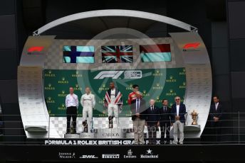 World © Octane Photographic Ltd. Formula 1 – British GP - Race - Podium. Mercedes AMG Petronas Motorsport AMG F1 W10 EQ Power+ - Lewis Hamilton, Valtteri Bottas and Scuderia Ferrari SF90 – Charles Leclerc. Silverstone Circuit, Towcester, Northamptonshire. Sunday 14th July 2019.