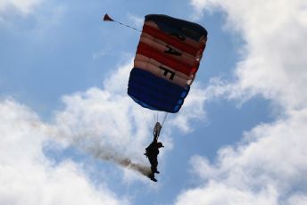World © Octane Photographic Ltd. Formula 1 – British GP - Practice 2. RAF paratrooper. Silverstone Circuit, Towcester, Northamptonshire. Friday 12th July 2019.