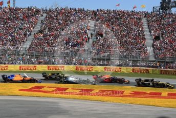 World © Octane Photographic Ltd. Formula 1 – Canadian GP. Race. Renault Sport F1 Team RS19 – Daniel Ricciardo, Aston Martin Red Bull Racing RB15 – Max Verstappen, Mercedes AMG Petronas Motorsport AMG F1 W10 EQ Power+ - Valtteri Bottas and McLaren MCL34 – Lando Norris, Renault Sport F1 Team RS19 – Nico Hulkenberg and . Circuit de Gilles Villeneuve, Montreal, Canada. Sunday 9th June 2019.