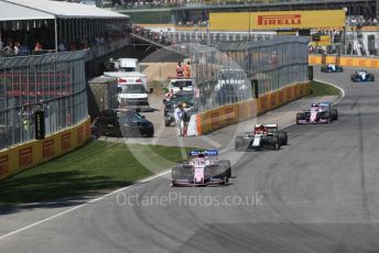 World © Octane Photographic Ltd. Formula 1 – Canadian GP. Race. SportPesa Racing Point RP19 - Sergio Perez, Alfa Romeo Racing C38 – Antonio Giovinazzi. and Lance Stroll. Circuit de Gilles Villeneuve, Montreal, Canada. Sunday 9th June 2019.