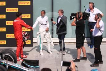 World © Octane Photographic Ltd. Formula 1 – Canadian GP. Parc Ferme. Mercedes AMG Petronas Motorsport AMG F1 W10 EQ Power+ - Lewis Hamilton and Scuderia Ferrari SF90 – Charles Leclerc with Martin Brundle. Circuit de Gilles Villeneuve, Montreal, Canada. Sunday 9th June 2019.