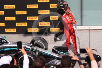 World © Octane Photographic Ltd. Formula 1 – Canadian GP. Parc Ferme. Scuderia Ferrari SF90 – Sebastian Vettel switches the first and second position boards. Circuit de Gilles Villeneuve, Montreal, Canada. Sunday 9th June 2019.