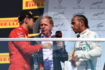 World © Octane Photographic Ltd. Formula 1 – Canadian GP. Podium. Mercedes AMG Petronas Motorsport AMG F1 W10 EQ Power+ - Lewis Hamilton and Scuderia Ferrari SF90 – Sebastian Vettel with Martin Brundle. Circuit de Gilles Villeneuve, Montreal, Canada. Sunday 9th June 2019.