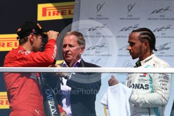 World © Octane Photographic Ltd. Formula 1 – Canadian GP. Podium. Mercedes AMG Petronas Motorsport AMG F1 W10 EQ Power+ - Lewis Hamilton and Scuderia Ferrari SF90 – Sebastian Vettel with Martin Brundle. Circuit de Gilles Villeneuve, Montreal, Canada. Sunday 9th June 2019.