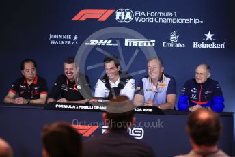 World © Octane Photographic Ltd. Formula 1 - Canadian GP - Friday FIA Team. Guenther Steiner - Team Principal of Rich Energy Haas F1 Team
, Toyoharu Tanube - Honda Performance Development (HPD) Senior Manager, Toto Wolff - Executive Director & Head of Mercedes - Benz Motorsport, Mario Isola – Pirelli Head of Car Racing and Franz Tost – Team Principal of Scuderia Toro Rosso. Circuit de Gilles Villeneuve, Montreal, Canada. Friday 7th June 2019..