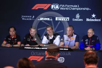 World © Octane Photographic Ltd. Formula 1 - Canadian GP - Friday FIA Team. Guenther Steiner - Team Principal of Rich Energy Haas F1 Team
, Toyoharu Tanube - Honda Performance Development (HPD) Senior Manager, Toto Wolff - Executive Director & Head of Mercedes - Benz Motorsport, Mario Isola – Pirelli Head of Car Racing and Franz Tost – Team Principal of Scuderia Toro Rosso. Circuit de Gilles Villeneuve, Montreal, Canada. Friday 7th June 2019..