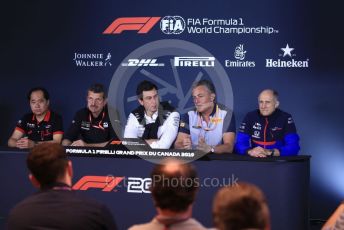 World © Octane Photographic Ltd. Formula 1 - Canadian GP - Friday FIA Team. Guenther Steiner - Team Principal of Rich Energy Haas F1 Team
, Toyoharu Tanube - Honda Performance Development (HPD) Senior Manager, Toto Wolff - Executive Director & Head of Mercedes - Benz Motorsport, Mario Isola – Pirelli Head of Car Racing and Franz Tost – Team Principal of Scuderia Toro Rosso. Circuit de Gilles Villeneuve, Montreal, Canada. Friday 7th June 2019..