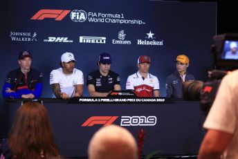 World © Octane Photographic Ltd. Formula 1 – Canadian GP. FIA Drivers Press Conference. Alfa Romeo Racing C38 – Kimi Raikkonen, McLaren MCL34 – Lando Norris, Mercedes AMG Petronas Motorsport AMG F1 W10 EQ Power+ - Lewis Hamilton, SportPesa Racing Point RP19 – Lance Stroll, Scuderia Toro Rosso STR14 – Daniil Kvyat. Circuit de Gilles Villeneuve, Montreal, Canada. Thursday 6th June 2019.