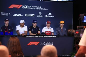 World © Octane Photographic Ltd. Formula 1 – Canadian GP. FIA Drivers Press Conference. Alfa Romeo Racing C38 – Kimi Raikkonen, McLaren MCL34 – Lando Norris, Mercedes AMG Petronas Motorsport AMG F1 W10 EQ Power+ - Lewis Hamilton, SportPesa Racing Point RP19 – Lance Stroll, Scuderia Toro Rosso STR14 – Daniil Kvyat. Circuit de Gilles Villeneuve, Montreal, Canada. Thursday 6th June 2019.