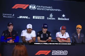 World © Octane Photographic Ltd. Formula 1 – Canadian GP. FIA Drivers Press Conference. Alfa Romeo Racing C38 – Kimi Raikkonen, McLaren MCL34 – Lando Norris, Mercedes AMG Petronas Motorsport AMG F1 W10 EQ Power+ - Lewis Hamilton, SportPesa Racing Point RP19 – Lance Stroll, Scuderia Toro Rosso STR14 – Daniil Kvyat. Circuit de Gilles Villeneuve, Montreal, Canada. Thursday 6th June 2019.