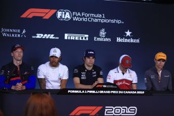 World © Octane Photographic Ltd. Formula 1 – Canadian GP. FIA Drivers Press Conference. Alfa Romeo Racing C38 – Kimi Raikkonen, McLaren MCL34 – Lando Norris, Mercedes AMG Petronas Motorsport AMG F1 W10 EQ Power+ - Lewis Hamilton, SportPesa Racing Point RP19 – Lance Stroll, Scuderia Toro Rosso STR14 – Daniil Kvyat. Circuit de Gilles Villeneuve, Montreal, Canada. Thursday 6th June 2019.