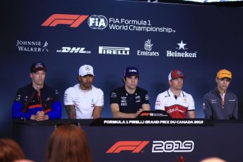 World © Octane Photographic Ltd. Formula 1 – Canadian GP. FIA Drivers Press Conference. Alfa Romeo Racing C38 – Kimi Raikkonen, McLaren MCL34 – Lando Norris, Mercedes AMG Petronas Motorsport AMG F1 W10 EQ Power+ - Lewis Hamilton, SportPesa Racing Point RP19 – Lance Stroll, Scuderia Toro Rosso STR14 – Daniil Kvyat. Circuit de Gilles Villeneuve, Montreal, Canada. Thursday 6th June 2019.
