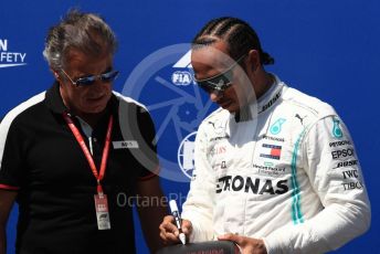 World © Octane Photographic Ltd. Formula 1 – French GP. Qualifying. Mercedes AMG Petronas Motorsport AMG F1 W10 EQ Power+ - Lewis Hamilton receives the Pirelli Pole Position Award from the Pirelli Representative, former Formula 1 driver Jean Alesi. Paul Ricard Circuit, La Castellet, France. Saturday 22nd June 2019.