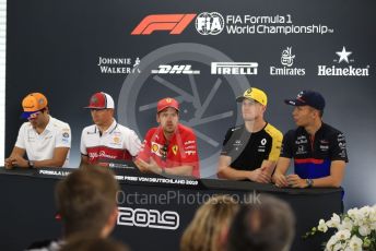 World © Octane Photographic Ltd. Formula 1 – German GP. FIA Drivers Press Conference. Alfa Romeo Racing – Kimi Raikkonen, Scuderia Ferrari - Sebastian Vettel, McLaren – Carlos Sainz, Renault Sport F1 Team – Nico Hulkenberg and Scuderia Toro Rosso – Alexander Albon. Hockenheimring, Hockenheim, Germany. Thursday 25th July 2019.