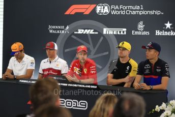 World © Octane Photographic Ltd. Formula 1 – German GP. FIA Drivers Press Conference. Alfa Romeo Racing – Kimi Raikkonen, Scuderia Ferrari - Sebastian Vettel, McLaren – Carlos Sainz, Renault Sport F1 Team – Nico Hulkenberg and Scuderia Toro Rosso – Alexander Albon. Hockenheimring, Hockenheim, Germany. Thursday 25th July 2019.