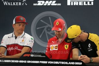 World © Octane Photographic Ltd. Formula 1 – German GP. FIA Drivers Press Conference. Scuderia Ferrari SF90 – Sebastian Vettel, Alfa Romeo Racing – Kimi Raikkonen and Renault Sport F1 Team – Nico Hulkenberg. Hockenheimring, Hockenheim, Germany. Thursday 25th July 2019.
