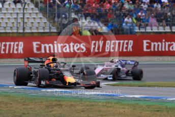 World © Octane Photographic Ltd. Formula 1 – German GP - Race. Aston Martin Red Bull Racing RB15 – Max Verstappen and World © Octane Photographic Ltd. Formula 1 – German GP - Race. SportPesa Racing Point RP19 – Lance Stroll. Hockenheimring, Hockenheim, Germany. Sunday 28th July 2019.