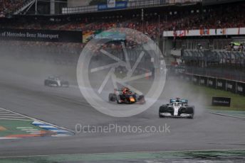 World © Octane Photographic Ltd. Formula 1 – German GP - Race. Lewis Hamilton leads Aston Martin Red Bull Racing RB15 – Max Verstappen and Mercedes AMG Petronas Motorsport AMG F1 W10 EQ Power+ - Valtteri Bottas. Hockenheimring, Hockenheim, Germany. Sunday 28th July 2019.
