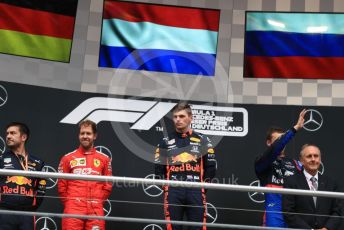 World © Octane Photographic Ltd. Formula 1 – German GP - Podium. Aston Martin Red Bull Racing RB15 – Max Verstappen, Scuderia Ferrari SF90 – Sebastian Vettel and Scuderia Toro Rosso STR14 – Daniil Kvyat. Hockenheimring, Hockenheim, Germany. Sunday 28th July 2019.