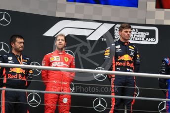 World © Octane Photographic Ltd. Formula 1 – German GP - Podium. Aston Martin Red Bull Racing RB15 – Max Verstappen and Scuderia Ferrari SF90 – Sebastian Vettel. Hockenheimring, Hockenheim, Germany. Sunday 28th July 2019.