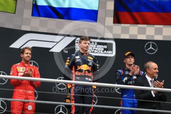 World © Octane Photographic Ltd. Formula 1 – German GP - Podium. Aston Martin Red Bull Racing RB15 – Max Verstappen, Scuderia Ferrari SF90 – Sebastian Vettel and Scuderia Toro Rosso STR14 – Daniil Kvyat. Hockenheimring, Hockenheim, Germany. Sunday 28th July 2019.