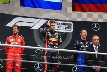 World © Octane Photographic Ltd. Formula 1 – German GP - Podium. Aston Martin Red Bull Racing RB15 – Max Verstappen, Scuderia Ferrari SF90 – Sebastian Vettel and Scuderia Toro Rosso STR14 – Daniil Kvyat. Hockenheimring, Hockenheim, Germany. Sunday 28th July 2019.