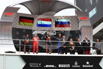 World © Octane Photographic Ltd. Formula 1 – German GP - Podium. Aston Martin Red Bull Racing RB15 – Max Verstappen, Scuderia Ferrari SF90 – Sebastian Vettel and Scuderia Toro Rosso STR14 – Daniil Kvyat. Hockenheimring, Hockenheim, Germany. Sunday 28th July 2019.