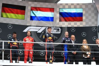 World © Octane Photographic Ltd. Formula 1 – German GP - Podium. Aston Martin Red Bull Racing RB15 – Max Verstappen, Scuderia Ferrari SF90 – Sebastian Vettel and Scuderia Toro Rosso STR14 – Daniil Kvyat. Hockenheimring, Hockenheim, Germany. Sunday 28th July 2019.