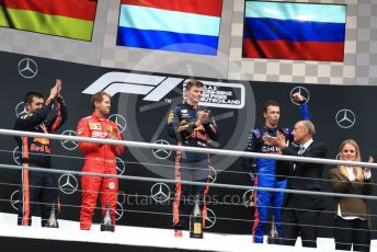 World © Octane Photographic Ltd. Formula 1 – German GP - Podium. Aston Martin Red Bull Racing RB15 – Max Verstappen, Scuderia Ferrari SF90 – Sebastian Vettel and Scuderia Toro Rosso STR14 – Daniil Kvyat. Hockenheimring, Hockenheim, Germany. Sunday 28th July 2019.