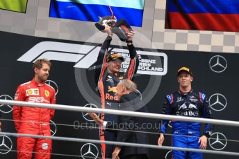 World © Octane Photographic Ltd. Formula 1 – German GP - Podium. Aston Martin Red Bull Racing RB15 – Max Verstappen, Scuderia Ferrari SF90 – Sebastian Vettel and Scuderia Toro Rosso STR14 – Daniil Kvyat. Hockenheimring, Hockenheim, Germany. Sunday 28th July 2019.