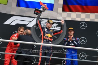 World © Octane Photographic Ltd. Formula 1 – German GP - Podium. Aston Martin Red Bull Racing RB15 – Max Verstappen, Scuderia Ferrari SF90 – Sebastian Vettel and Scuderia Toro Rosso STR14 – Daniil Kvyat. Hockenheimring, Hockenheim, Germany. Sunday 28th July 2019.