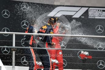World © Octane Photographic Ltd. Formula 1 – German GP - Podium. Aston Martin Red Bull Racing RB15 – Max Verstappen, Scuderia Ferrari SF90 – Sebastian Vettel and Scuderia Toro Rosso STR14 – Daniil Kvyat. Hockenheimring, Hockenheim, Germany. Sunday 28th July 2019.