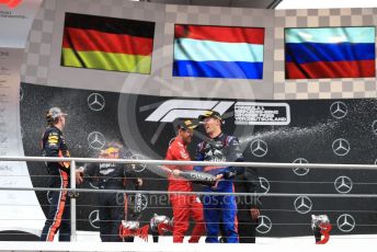 World © Octane Photographic Ltd. Formula 1 – German GP - Podium. Aston Martin Red Bull Racing RB15 – Max Verstappen, Scuderia Ferrari SF90 – Sebastian Vettel and Scuderia Toro Rosso STR14 – Daniil Kvyat. Hockenheimring, Hockenheim, Germany. Sunday 28th July 2019.