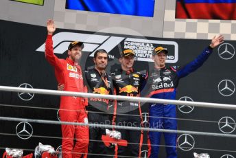 World © Octane Photographic Ltd. Formula 1 – German GP - Podium. Aston Martin Red Bull Racing RB15 – Max Verstappen, Scuderia Ferrari SF90 – Sebastian Vettel and Scuderia Toro Rosso STR14 – Daniil Kvyat. Hockenheimring, Hockenheim, Germany. Sunday 28th July 2019.