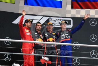 World © Octane Photographic Ltd. Formula 1 – German GP - Podium. Aston Martin Red Bull Racing RB15 – Max Verstappen, Scuderia Ferrari SF90 – Sebastian Vettel and Scuderia Toro Rosso STR14 – Daniil Kvyat. Hockenheimring, Hockenheim, Germany. Sunday 28th July 2019.