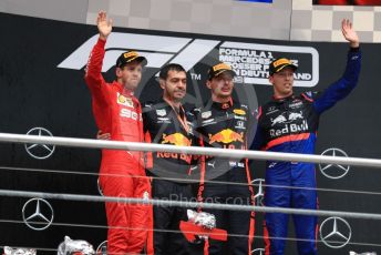 World © Octane Photographic Ltd. Formula 1 – German GP - Podium. Aston Martin Red Bull Racing RB15 – Max Verstappen, Scuderia Ferrari SF90 – Sebastian Vettel and Scuderia Toro Rosso STR14 – Daniil Kvyat. Hockenheimring, Hockenheim, Germany. Sunday 28th July 2019.
